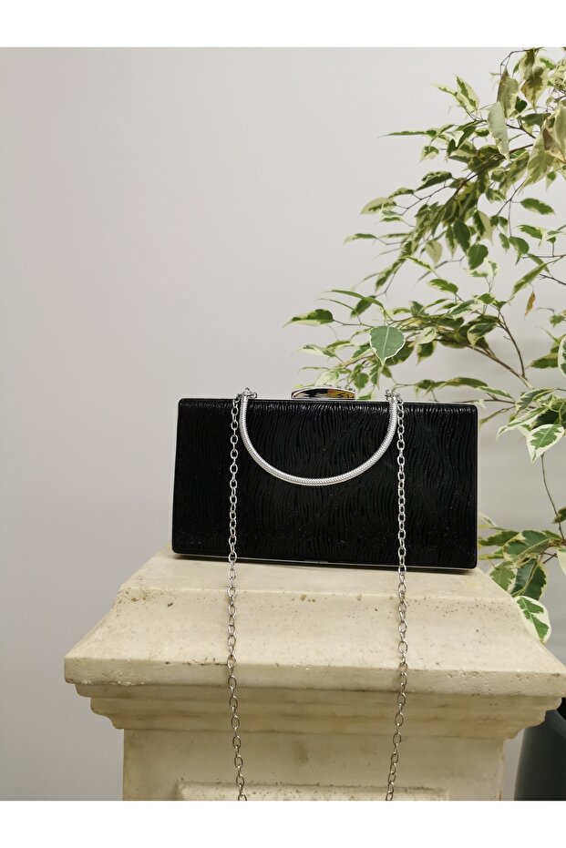Women's Wavy Black Evening Dress Clutch Chain Strap Hand Wedding Engagement Night Shoulder Bag