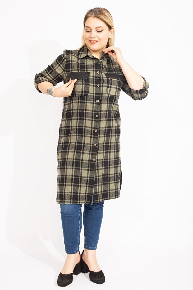 Women's Large Size Khaki Plaid Patterned Front Buttoned Faux Leather Garnished Tunic Dress 65n35422