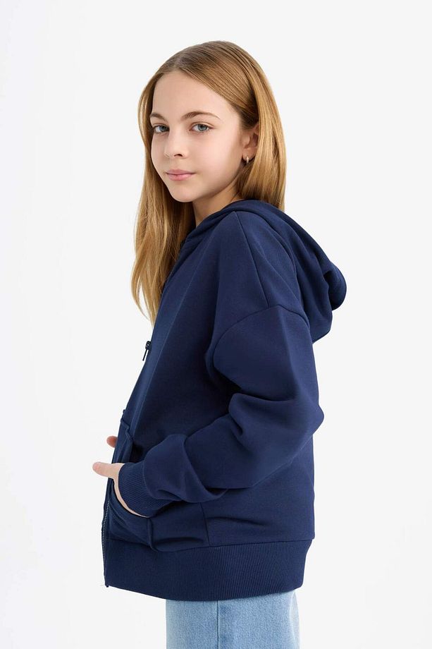 Kız Çocuk Kapüşonlu Basic Düz Cepli Fermuarlı Sweatshirt D9079A825SP - 3