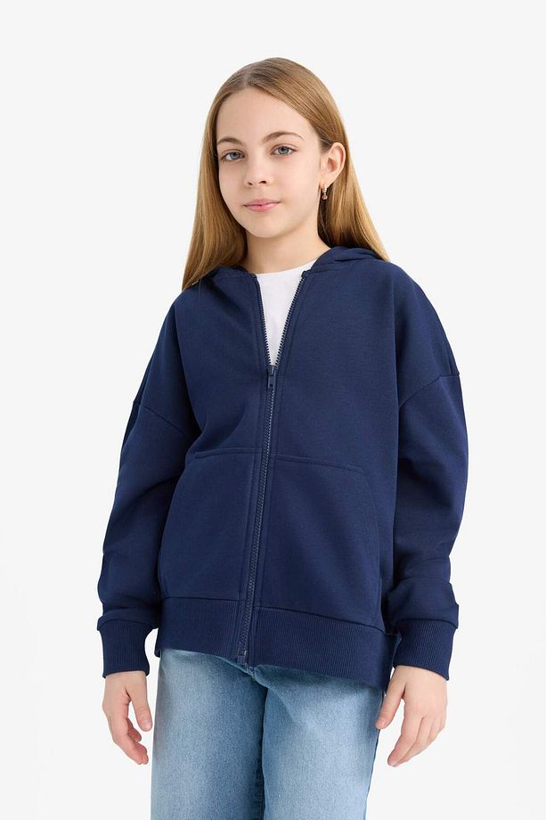 Kız Çocuk Kapüşonlu Basic Düz Cepli Fermuarlı Sweatshirt D9079A825SP - 4