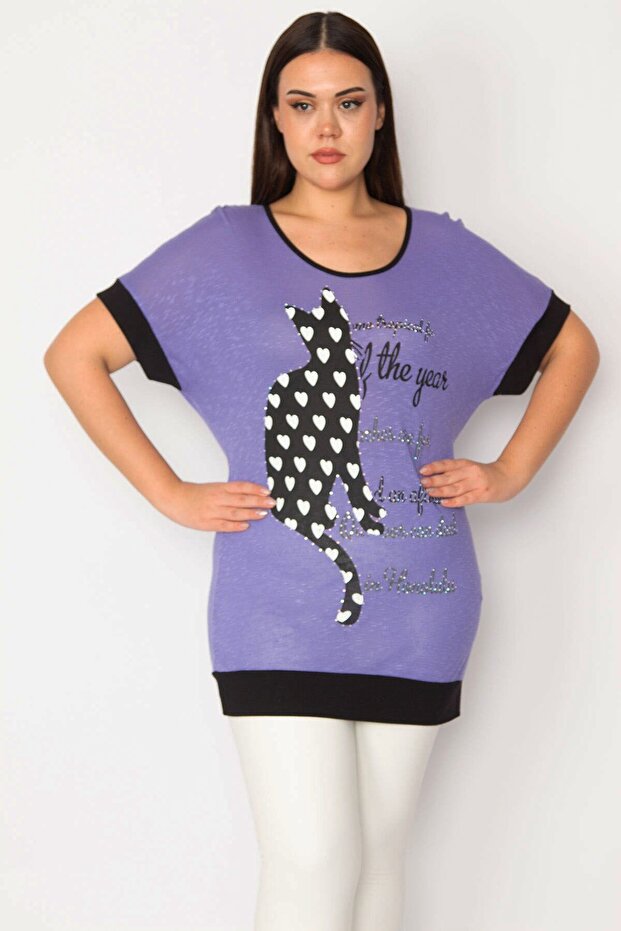 Women's Large Size Lilac Front Stone and Print Detailed Tunic 65n30359