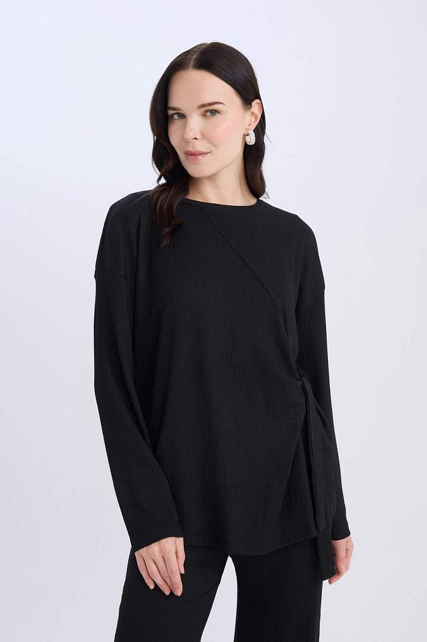 Regular Fit Bisiklet Yaka Basic Düz Bürümcük Uzun Kollu Tişört E1800AX25SP - 3