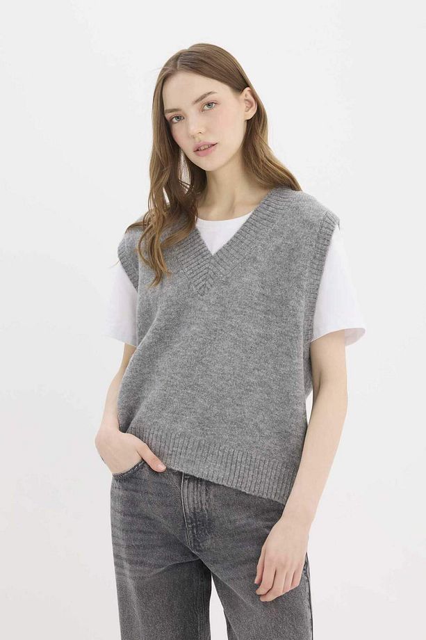 Oversize Geniş Kalıp Basic Düz V Yaka Triko Süveter E4032AX25SP - 5