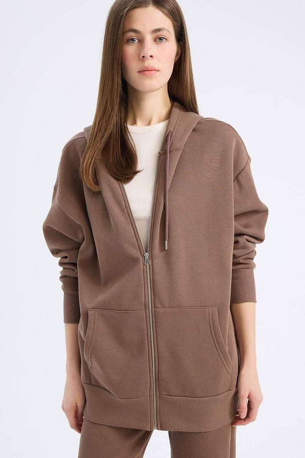 Oversize Geniş Kalıp Kapüşonlu Cepli Basic Düz Fermuarlı Sweatshirt V4233AZ25SP - 1