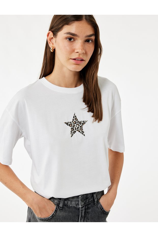 Comfortable Fit Short Sleeve Crew Neck Cotton Leopard Detailed Star Printed T-Shirt