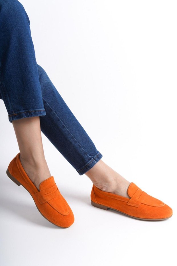 Mubiano Genuine Leather Collection Women's Suede Loafer & Ballerina Orange -Mcmng2103-Orj