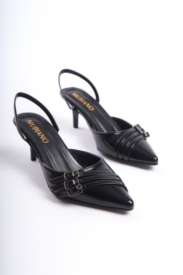 Mbhrn720-S Women's Open Back Pointed Toe Patent Leather Black Stiletto & Heeled Shoes