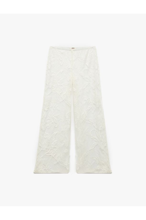 Transparan Floral Dokulu Geniş Paça Dantel Pareo Pantolon - 3