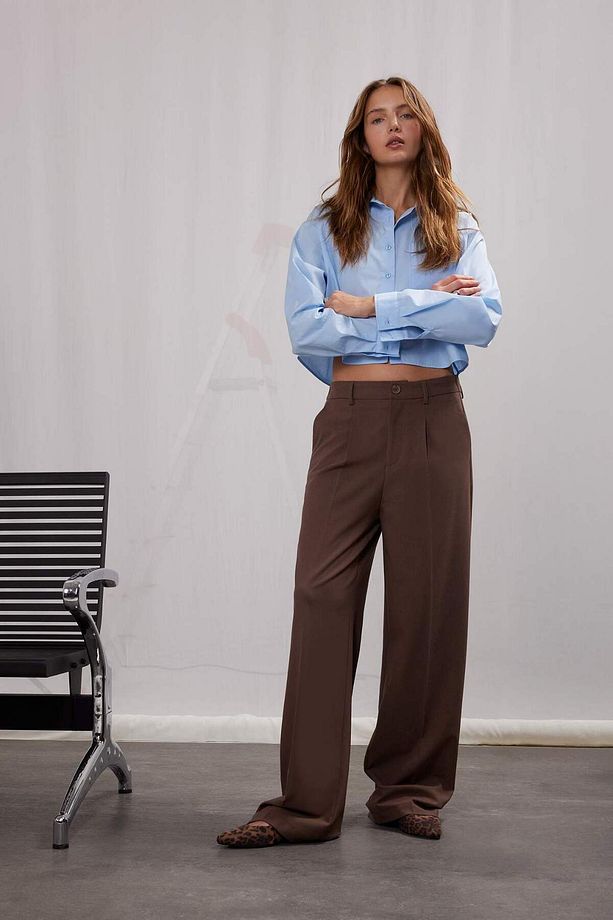 Wide Leg Klasik Kumaş Pantolon Geniş Bol Paça Çift Cepli Yüksek Bel Standart Boy Basic Düz D4360AX25 - 4