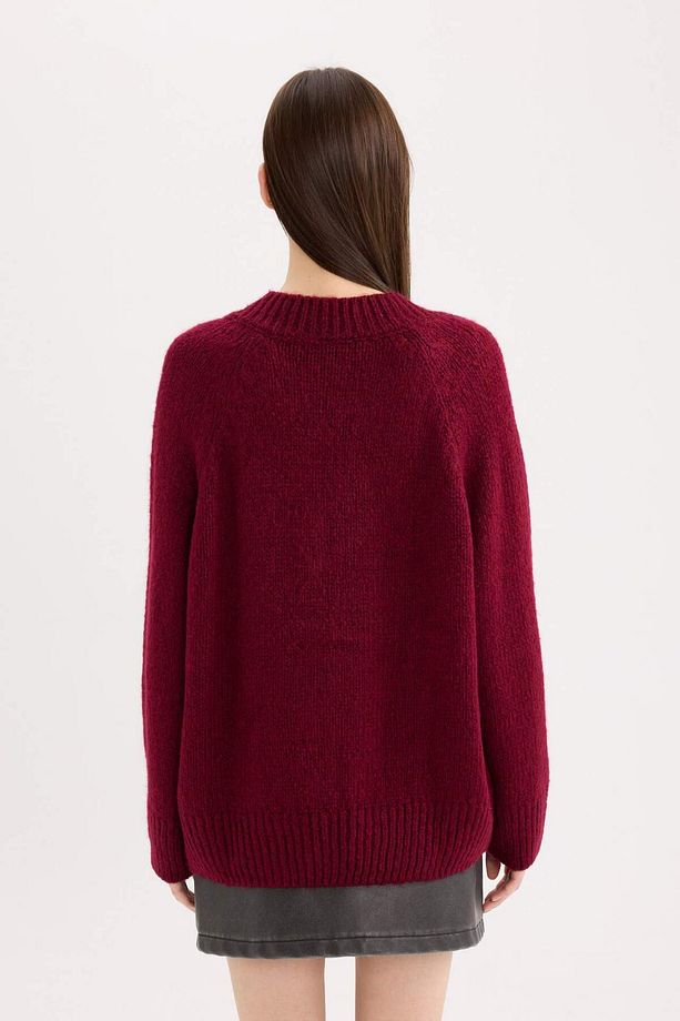 Oversize Geniş Kalıp V Yaka Basic Düz Bordo Triko Kazak A3264AX24CW - 6