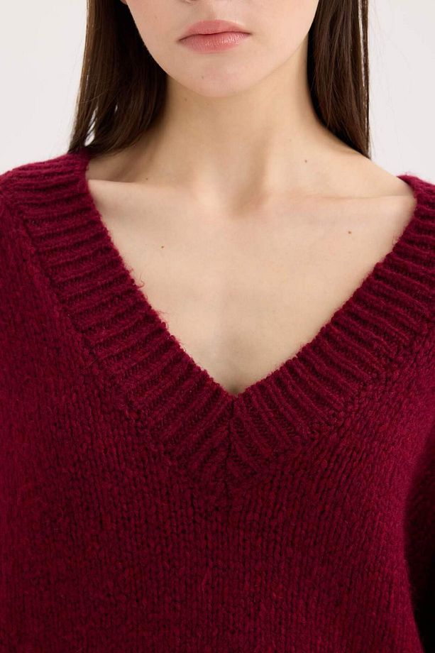 Oversize Geniş Kalıp V Yaka Basic Düz Bordo Triko Kazak A3264AX24CW - 5