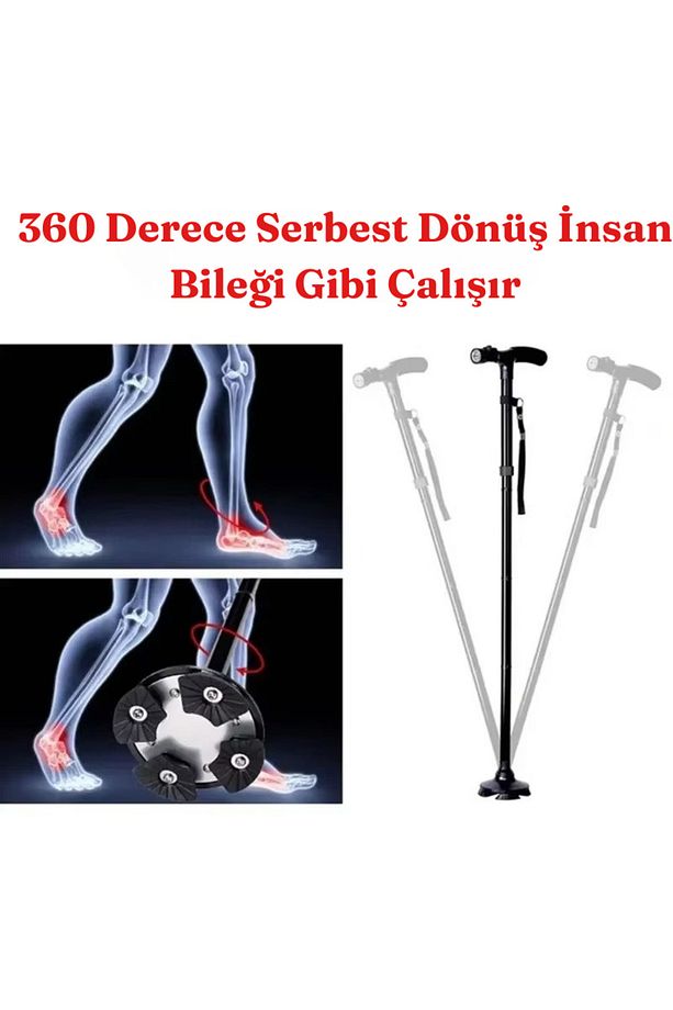 Anne Babalar Ve Hastalar İçin Hareketli Katlanabilir Led Işıklı Baston Alarm Destekli 4 Ayaklı - 8
