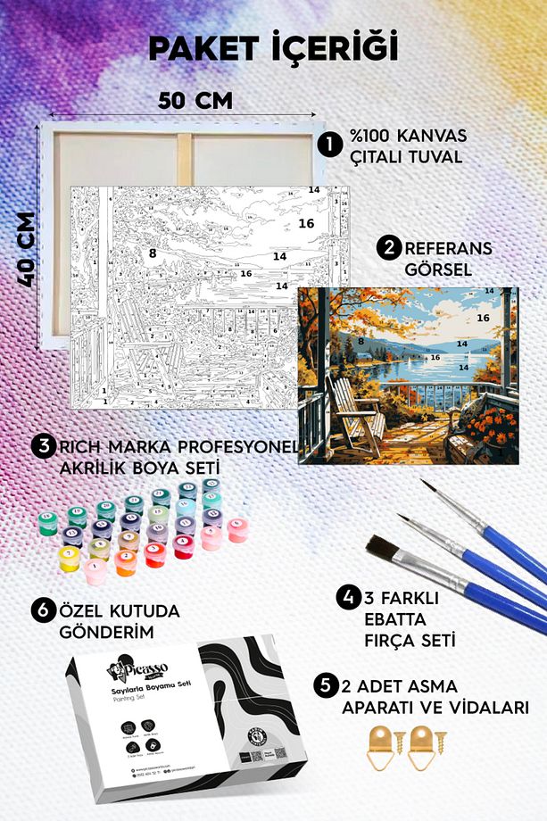 Sayılarla Boyama Numaralı Tuval Seti Fırça Boya Dahil 40x50 Cm Huzurlu Göl Kenarı - 2