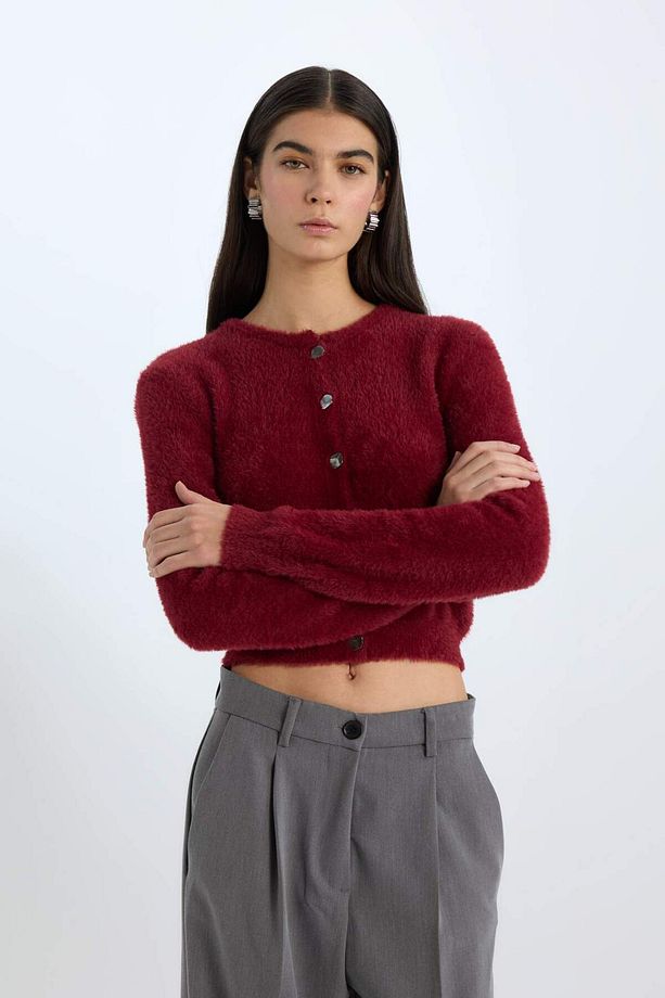 Regular Fit Bisiklet Yaka Düğmeli Triko Bordo Hırka E2428AX24WN - 4