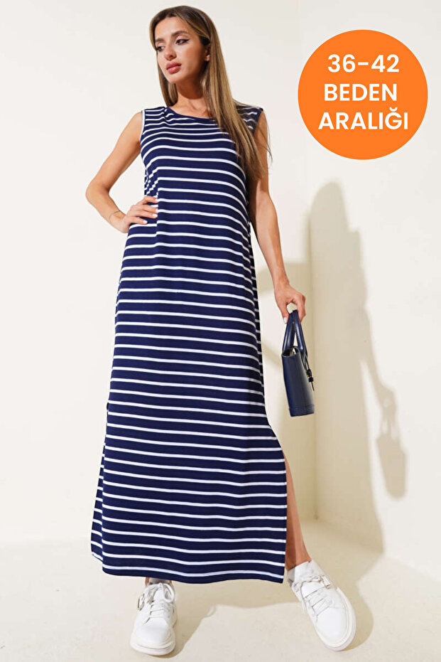 Women's Navy Blue White Striped Long Strap Slit Summer Combed Cotton Blend Sleeveless Dress