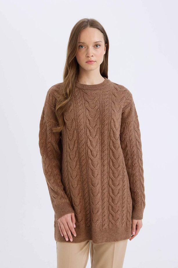 Regular Fit Bisiklet Yaka Saç Örgü Desenli Triko Kazak Tunik B4284AX24WN - 3