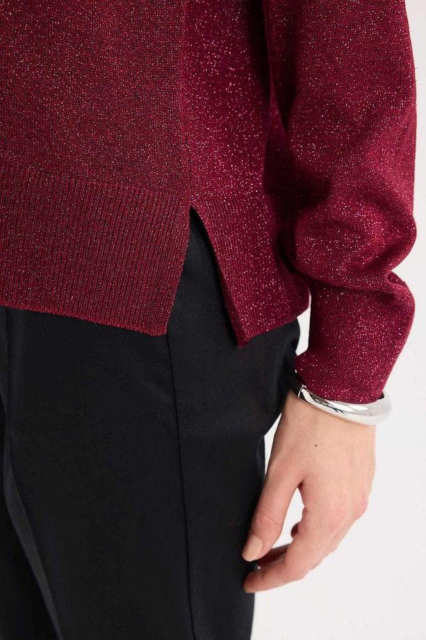 Regular Fit Bisiklet Yaka Basic Düz Bordo Triko Kazak C6818AX24WN - 7