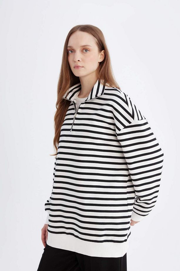 Relax Fit Dik Yaka Fermuarlı Çizgili İçi Yumuşak Tüylü Kalın Sweatshirt Tunik E0840AX24WN - 1