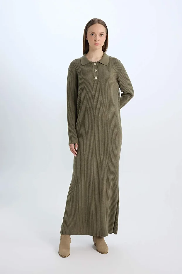 Regular Fit Polo Yaka Basic Düz Maxi Triko Elbise D5434AX24WN - 1