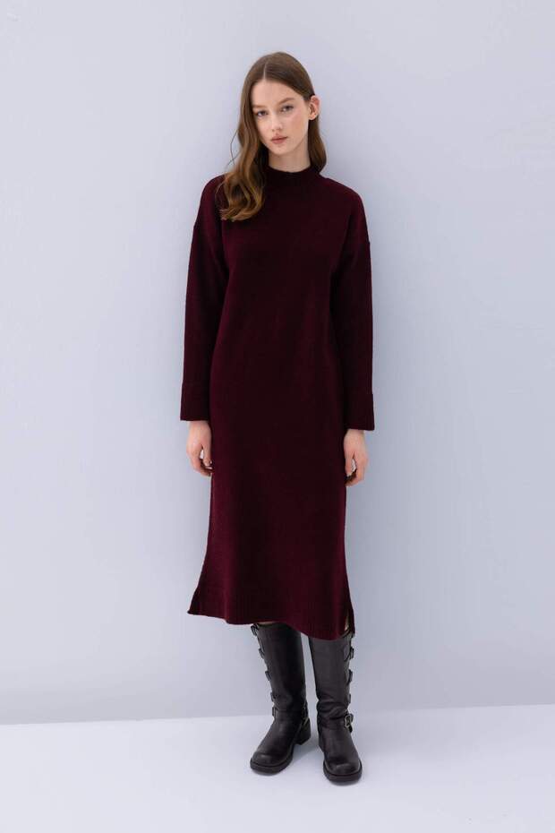 Relax Fit Yarım Balıkçı Yaka Midi Triko Bordo Elbise D8596AX24WN - 1