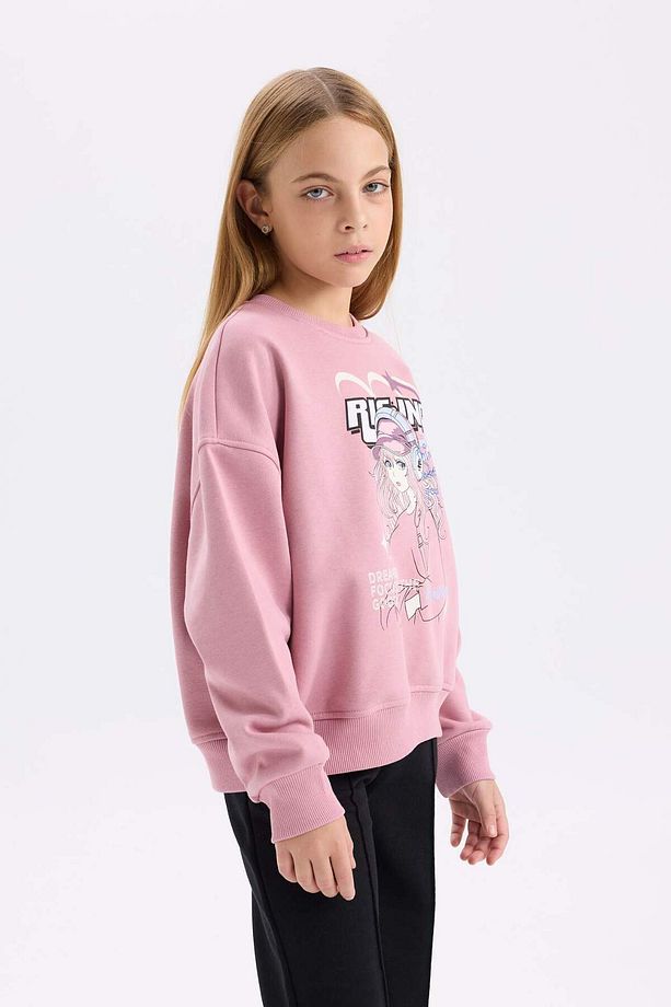 Kız Çocuk Oversize Geniş Kalıp Bisiklet Yaka Baskılı Sweatshirt D6989A824WN - 4