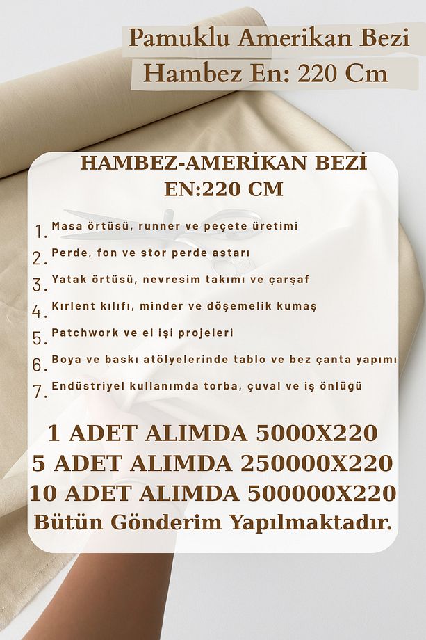 50 Metre (1 Top) Amerikan Bezi Kumaş - Ham Bez Kumaş - Punch Kumaş - Kırlent-Masa Örtüsü -Astar - 3