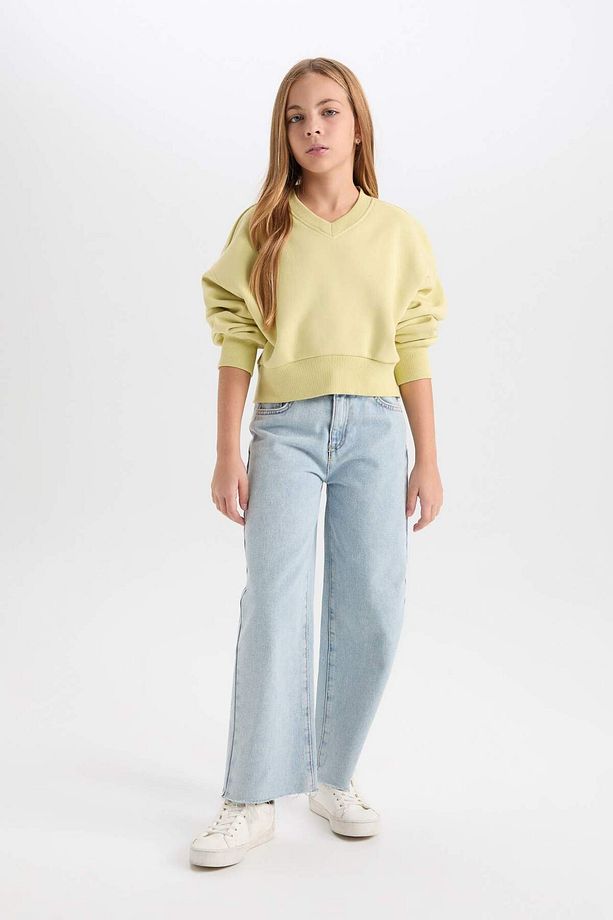 Kız Çocuk Cropped Fit V Yaka Basic Düz Sweatshirt D7047A824WN - 2