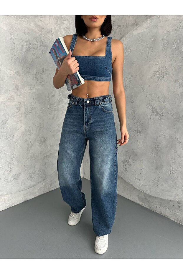 K.Tint Alley Side Double Belted Blue Women's Jean Jeans 2025 New Model Pants Wide Leg Oversize Model Ed