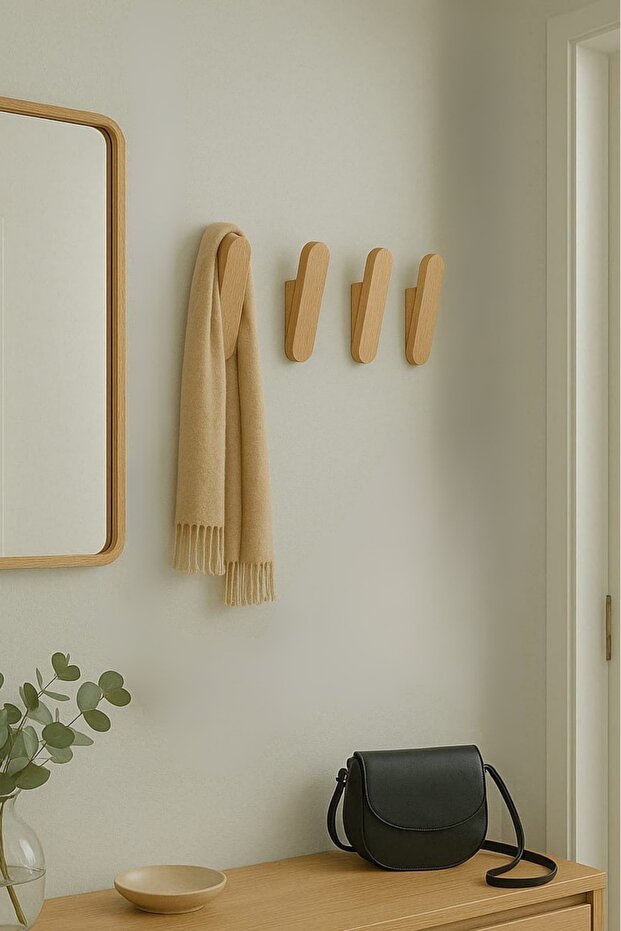 %100 Masif Ahşap Duvar Askısı | 4'lü Set | Doğal ve Şık, Minimal Tasarım | Duvara Monte - 3