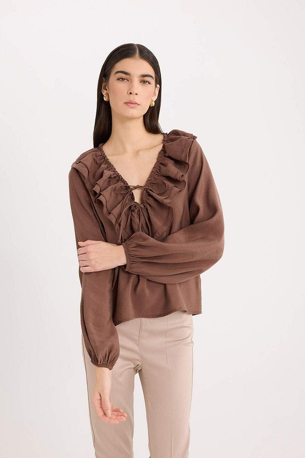 Regular Fit Fırfırlı V Yaka Basic Düz Uzun Kollu Bluz E3393AX24WN - 4