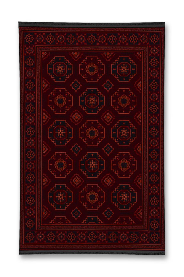 Mosso Red Traditional Motif Patterned Woven Base Vintage Decorative Rug in Burgundy Tones Mosso159