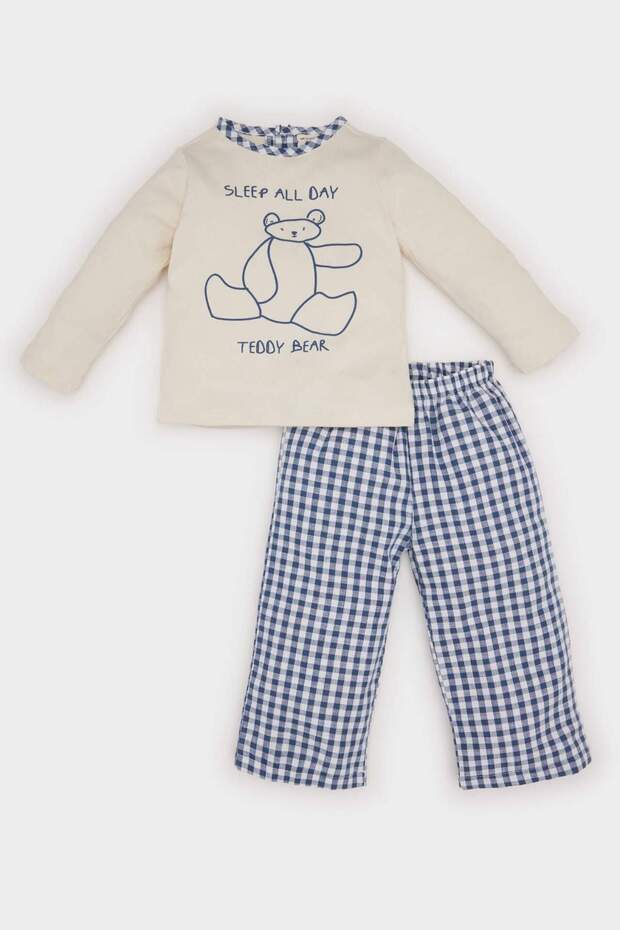 Erkek Bebek Pijama Takımı Ayı Baskılı Uzun Kollu Üst Kareli Dokuma Alt D5362A524WN - 1