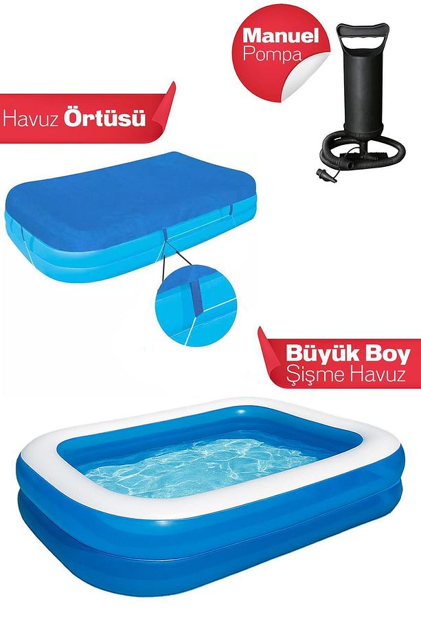 SD-A-873 Büyük Boy Dikdörtgen Şişme Aile Havuzu Pompa Ve Havuz Örtüsü (200X150X45 CM) - 1