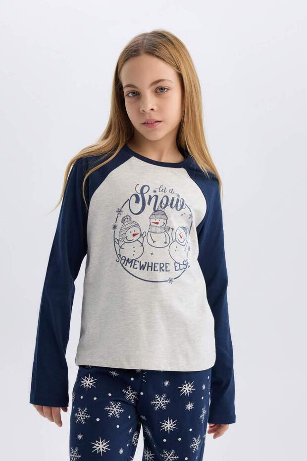 Kız Çocuk Yılbaşı Temalı Pijama Takımı Bisiklet Yaka Uzun Kollu Üst Uzun Alt D8797A824AU - 6