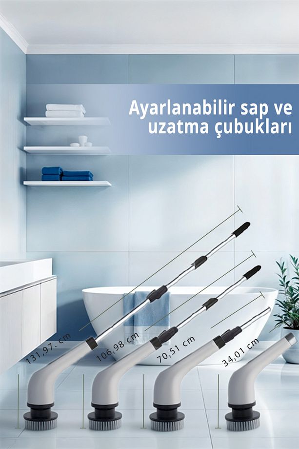 Ksc-4229 Şarjlı Döner Başlıklı Temizlik Fırçası 7 Başlıklı Uzatma Çubuklu Temizlik Makinesi - 3