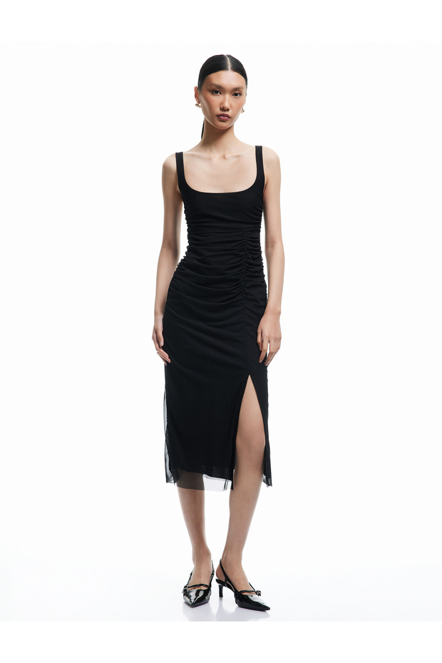 Lined Drape Detail Slim Fit Square Neck Strap Midi Dress