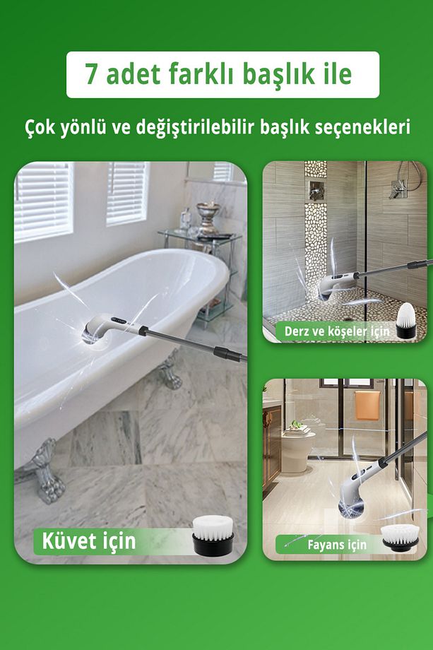 Ksc-4229 Şarjlı Döner Başlıklı Temizlik Fırçası 7 Başlıklı Uzatma Çubuklu Temizlik Makinesi - 4