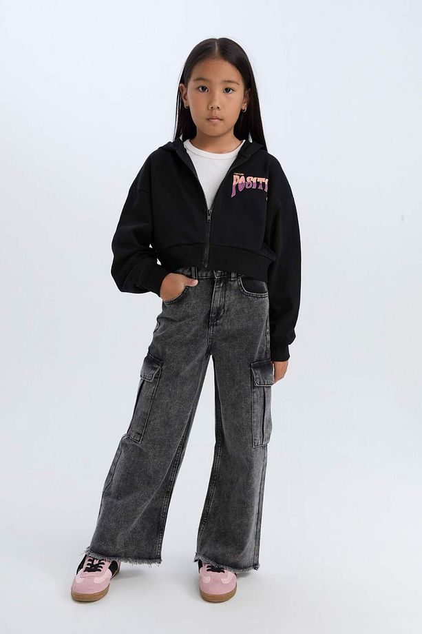 Kız Çocuk Baskılı Kapüşonlu İçi Yumuşak Tüylü Fermuarlı Sweatshirt D1569A824WN - 2
