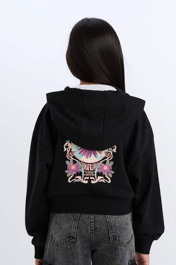 Kız Çocuk Baskılı Kapüşonlu İçi Yumuşak Tüylü Fermuarlı Sweatshirt D1569A824WN - 6