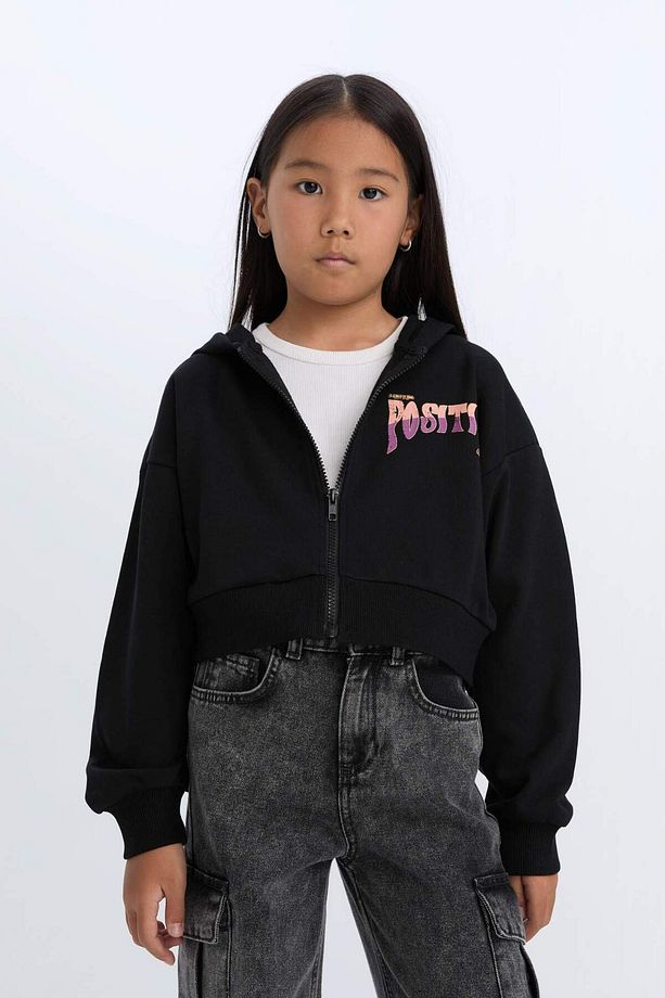 Kız Çocuk Baskılı Kapüşonlu İçi Yumuşak Tüylü Fermuarlı Sweatshirt D1569A824WN - 3