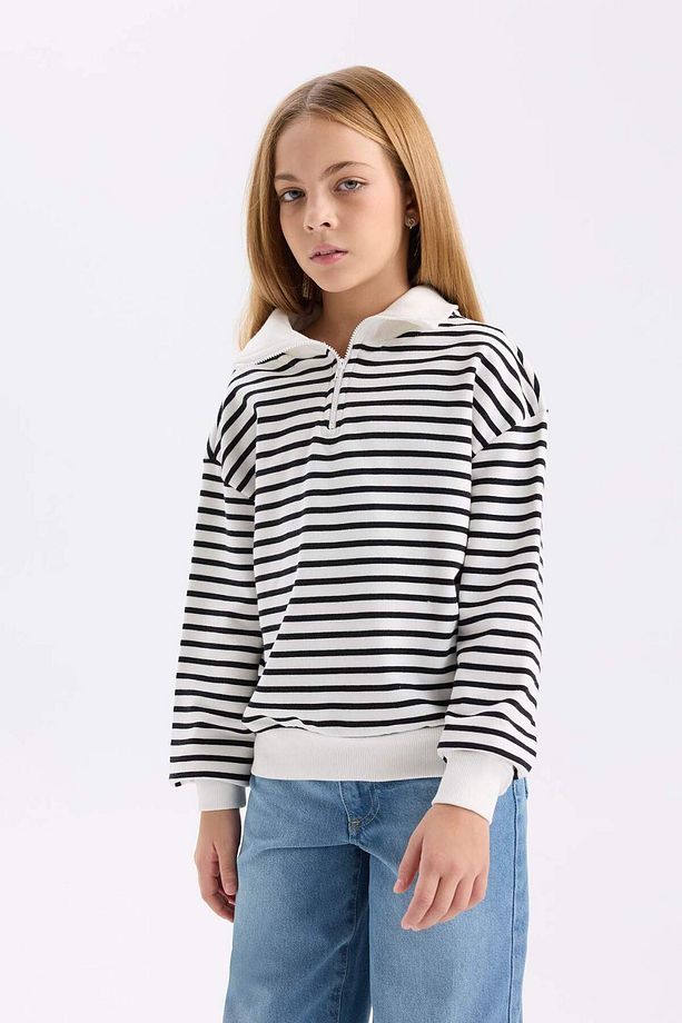 Kız Çocuk Oversize Geniş Kalıp Yarım Fermuarlı Çizgili Sweatshirt D2883A824WN - 1