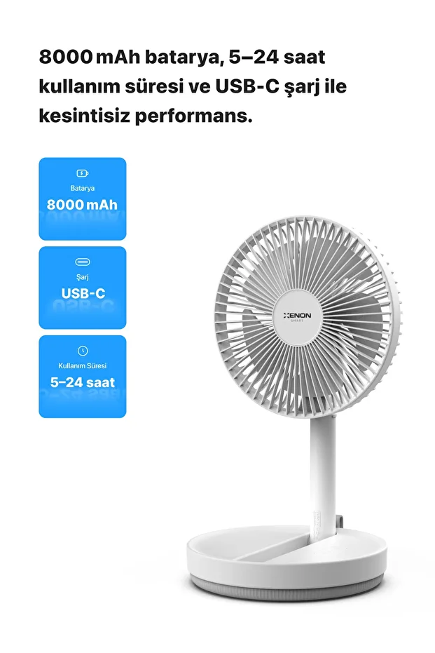 Taşınabilir Şarjlı Vantilatör 24 Saat Kullanım 3 Kademeli 180° Sessiz Ayaklı Katlanabilir Fan X6103 - 3