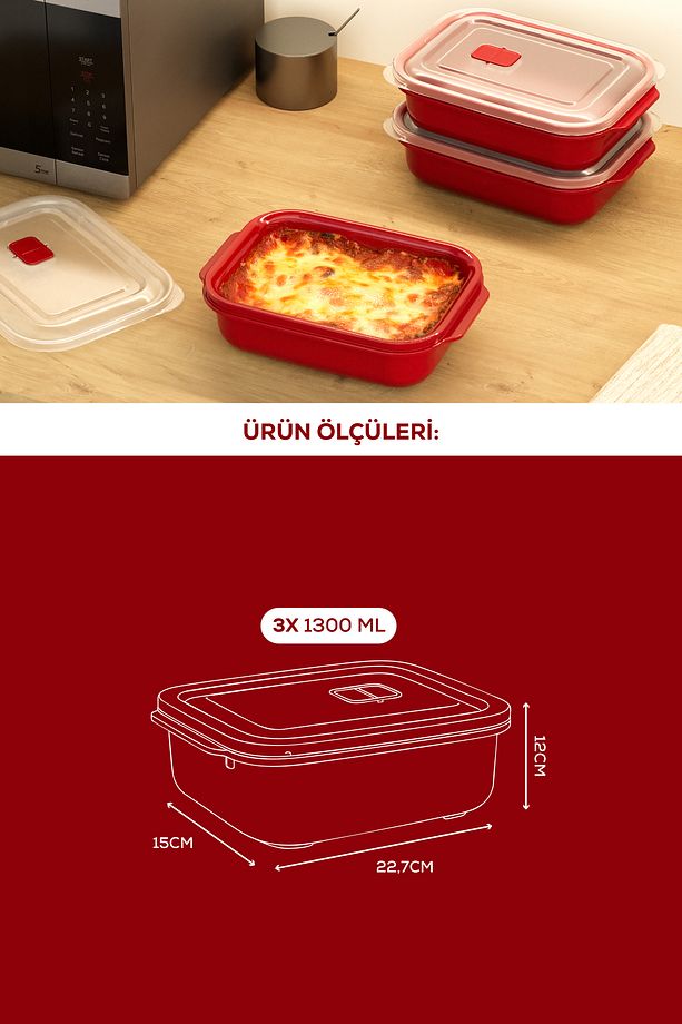 Kapaklı 3’lü Mikrodalgaya Uygun Dikdörtgen Saklama Kabı Seti - 1300 ml - 3