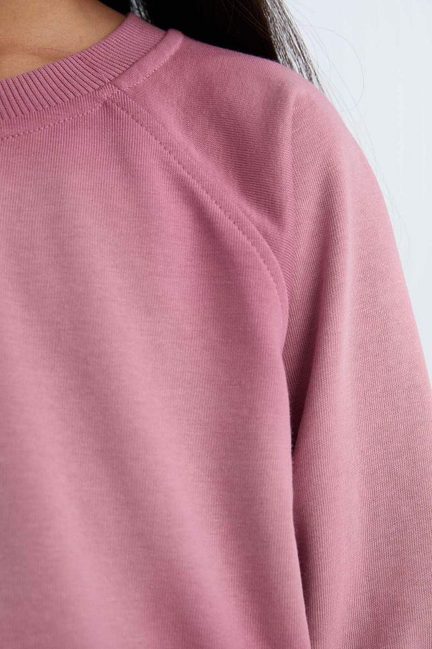 Kız Çocuk Relax Fit Bisiklet Yaka Crop Basic Düz Sweatshirt D6994A824WN - 5