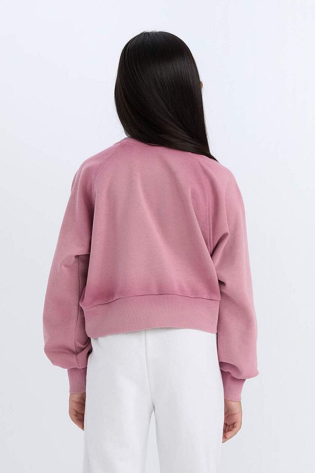 Kız Çocuk Relax Fit Bisiklet Yaka Crop Basic Düz Sweatshirt D6994A824WN - 6