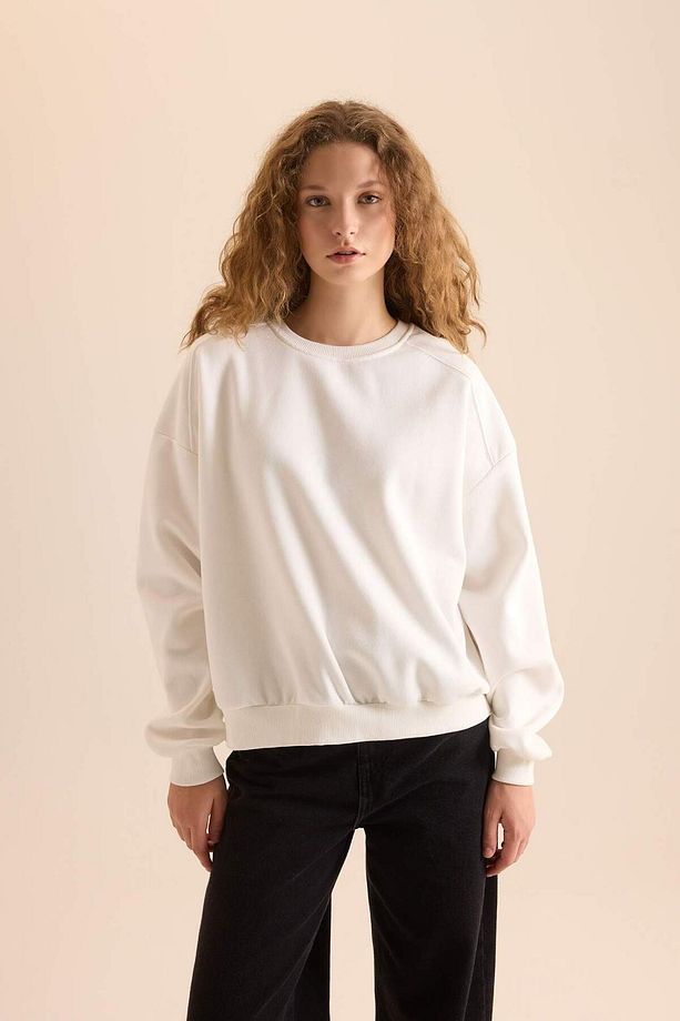Coool Oversize Geniş Kalıp Bisiklet Yaka Basic Düz Kalın Siyah Sweatshirt D9022AXNS - 3