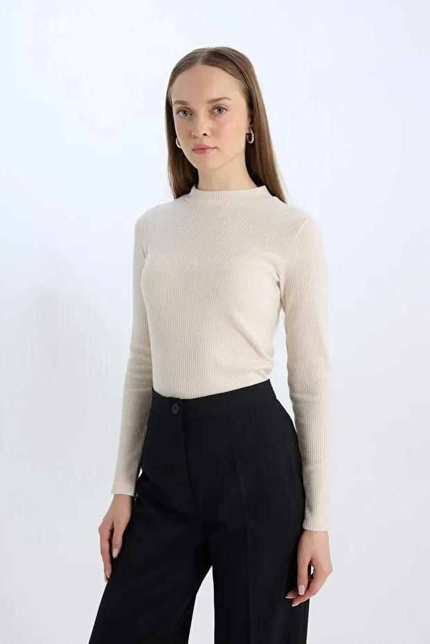 Regular Fit Basic Düz Fitilli Kaşkorse Uzun Kollu Tişört E0296AX24WN - 4