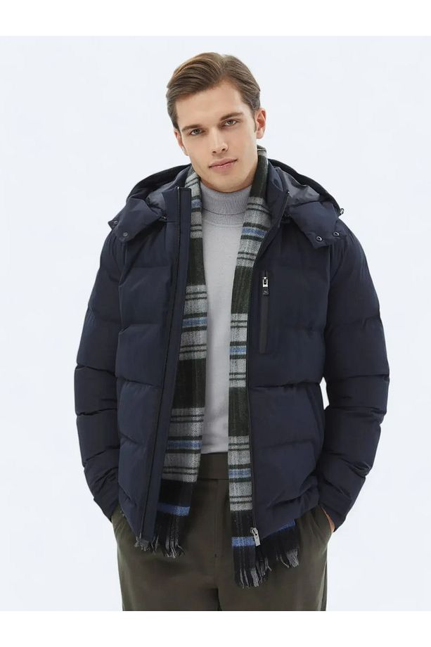 Lacivert Regular Fit Kapüşonlu Casual Dokuma Mont - 1