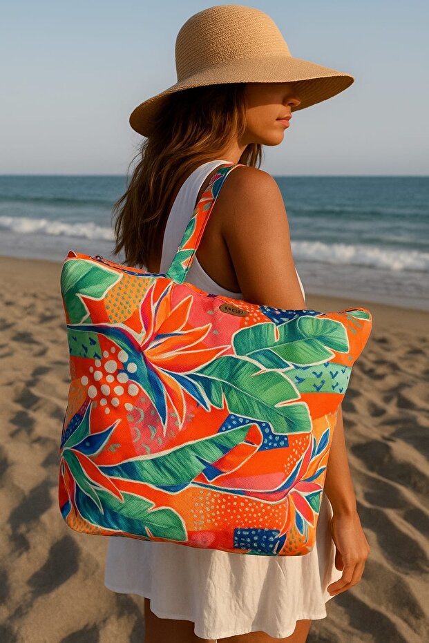Modern Botanical Patterned Zippered Lined Beach Bag Daily Shoulder Bag