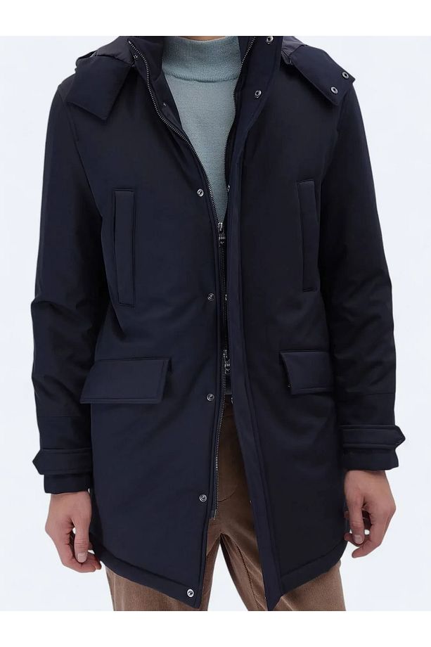 Lacivert Regular Fit Kapüşonlu Casual Dokuma Kaban - 7